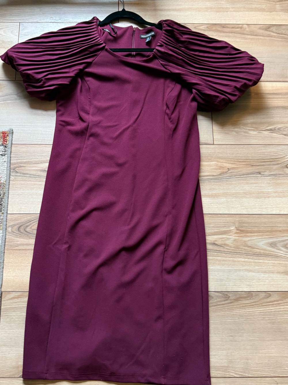 Nina Leonard Wine Puff-Sleeve Midi Dress